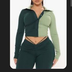 Color Block Green Long Sleeve Cropped Button Up